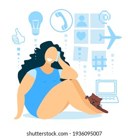 Businesswoman chubby European, full of ideas, thoughts, work at home. Social network. Hand drawn sketch vector illustration