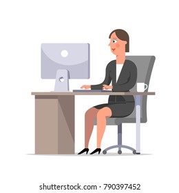 Businesswoman or clerk in a black suit sitting at the desk and working at the computer, looking at screen. Comfortable workspace, effective employee, organized manager. Flat style vector illustration.