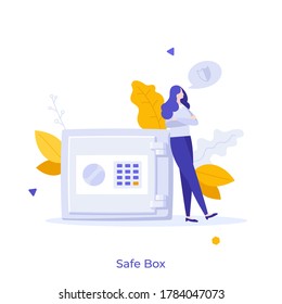 Businesswoman or clerk leaning on safe box with electronic lock. Concept of secure money storage, safety of bank account, deposit protection, banking services. Modern flat colorful vector illustration