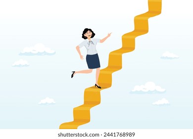 Businesswoman climb up stair way to success, ladder of success, stair way to succeed and reach business target, growth or growing career path, motivation and challenge to success opportunity (Vector)