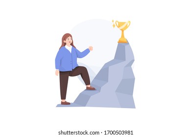 Businesswoman Climbed to Top of Mountain Enjoying Victory. 