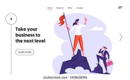 Businesswoman Climbed to Top of Mountain Hoisted Flag to Rock Peak, Success, Business Challenge, Goal Achievement Concept Website Landing Page, Web Page. Cartoon Flat Vector Illustration, Banner