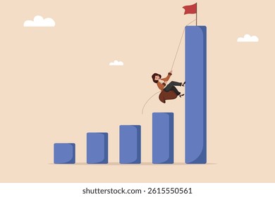 Businesswoman Climbing Bar Chart to Success with Red Flag on Top Growth and Achievement Concept.