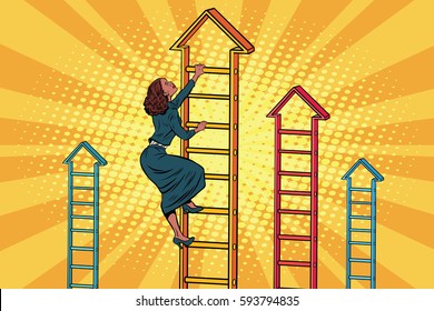 Businesswoman climbing up the business ladder. Pop art retro vector illustration. African American people