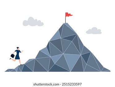 Businesswoman climbing mountain to the success flag in flat design. Concept of business development, successive steps to goal achievement.