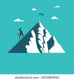 Mujer de negocios escalando montañas van al éxito. Concepto de liderazgo femenino. Símbolo del éxito. Bandera en la montaña y fondo del cielo. Éxito empresarial. Ilustración vectorial plana