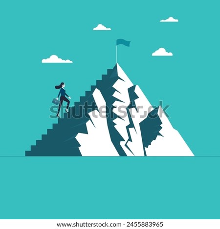 Businesswoman climbing mountains go to success. Woman leadership concept. Symbol of success. Flag on the mountain and sky background. Success business. Vector illustration flat