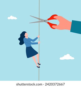 Businesswoman climbing on rope and giant hand with scissors is cutting the rope, describe challenge, risk, obstacles, ambition, and danger.