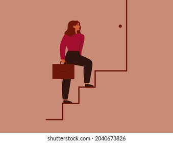 Businesswoman climbing up onto career ladder. Strong Woman takes step by step forward to success. Females entrepreneur with briefcase rises up on the stairway. Concept to Achieving goals. Vector