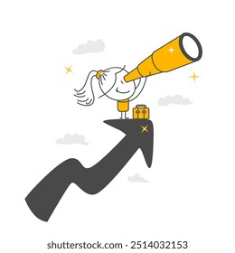 Businesswoman climbing up with rising arrow through big telescope binoculars. Profit and earnings forecast concept. Business opportunity or investment and market forecast.