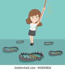 Businesswoman climbing up the rope escaping trap below, vector illustration cartoon