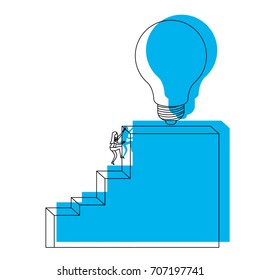 businesswoman climbing stair block structure with light bulb in the top blue watercolor silhouette vector illustration
