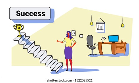 businesswoman climbing stairs career ladder up to golden winner trophy cup businesswoman successful strategy leadership concept office interior colorful sketch horizontal