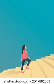 Mujer de negocios subiendo las escaleras del éxito. Símbolo de ambición, motivación, éxito en carrera, promoción.