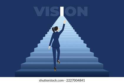 Businesswoman climbing the stairs toward her vision, success, progress, opportunity concept