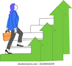 Businesswoman Climbing Stairs Towards Success - Career Growth and Leadership Concept Vector Illustration