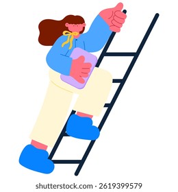 Businesswoman climbing stairs while holding laptop, ambition and career success concept flat vector illustration