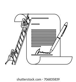 businesswoman climbing wooden stairs in a big contract document with pen and firm monochrome silhouette dotted vector illustration