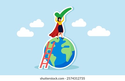 Businesswoman climbs the earth use a ladder and stands on top lift a checkmark, illustration of efforts to make the business company verified and recognized by global competitors