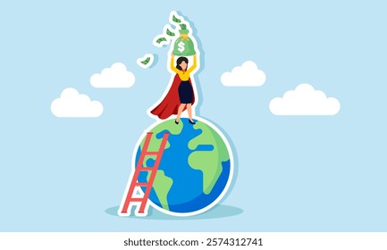 Businesswoman climbs the earth using a ladder and stands on top lifting a money sack, illustration of efforts to increase business revenue and make the company top global