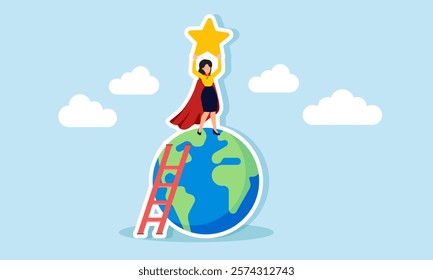 Businesswoman climbs the earth using a ladder and stands on top lifting a star, illustration of efforts to improve business quality to international standards