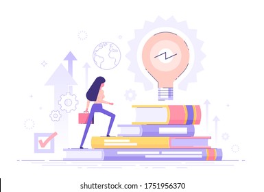 Businesswoman climbs on a stack of books to knowledge. Education and professional career concept. MBA. Modern vector illustration.