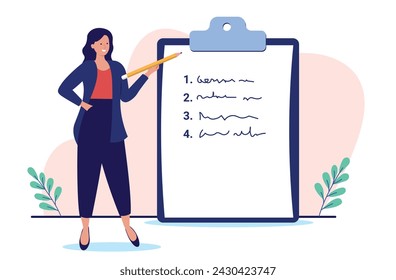 Businesswoman with clipboard - Business person standing with pencil taking notes and making list on white paper. Professional woman concept in flat design vector illustration with white background