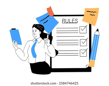 Businesswoman with clipboard checking rules checklist, sticky notes, and pencil, minimalistic style on white background, concept of organization