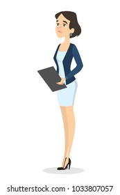 Businesswoman with clipboard standing on white background.