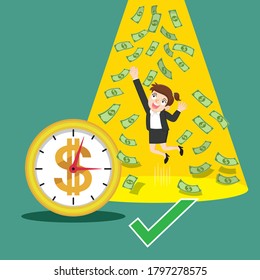 Businesswoman with clock and money, illustration vector cartoon
