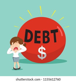 Businesswoman close her eyes hide from big debt, illustration vector cartoon