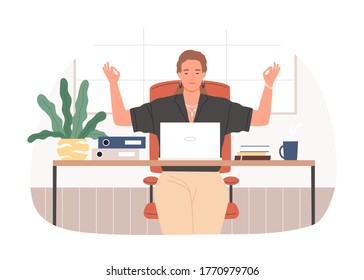 Businesswoman with closed eyes meditating at workplace vector flat illustration. Relaxed female sitting at desk with laptop practicing yoga isolated on white. Woman during stress relief at office