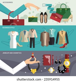 Businesswoman clothes banner set with accessories business style jewelry and cosmetics isolated vector illustration