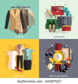 Businesswoman clothes icons flat set with outwear accessories business style jewelry and cosmetics isolated vector illustration