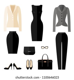 Businesswoman clothes icons in flat style isolated on white background. Vector illustration.