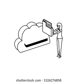businesswoman with cloud computing and folder vector illustration design