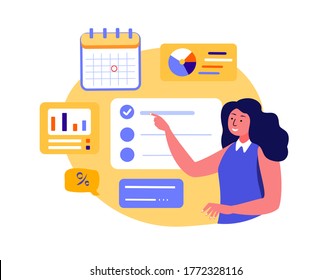 Businesswoman Coach Presenting Anti-Crisis Concept,Deadline,Plan for Bankrupt Company.Income,Interest Rate,Profit.Business Revenue Increase.Successful Interest Growth,Increase.Flat Vector Illustration