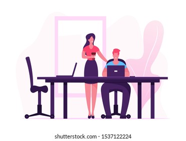 Businesswoman with Coffee Cup in Hand Stand near Man Sitting at Desk Working on Laptop in Office. Company Employees Routine Teamwork Process. Colleagues Communicate Cartoon Flat Vector Illustration