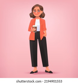 Businesswoman with coffee in her hand. Working break. Vector illustration in cartoon style