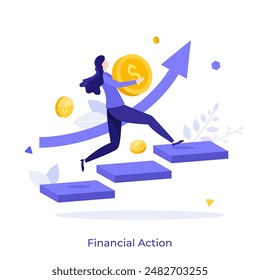 Businesswoman with coin running up steps to success. Profit rising idea. Financial action concept flat vector illustration. Investor reaching commercial goals cartoon character color composition