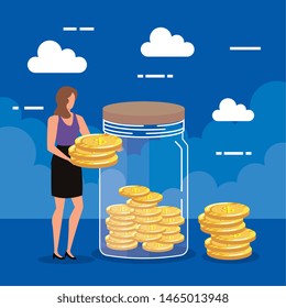 businesswoman with coins money in glass bottle