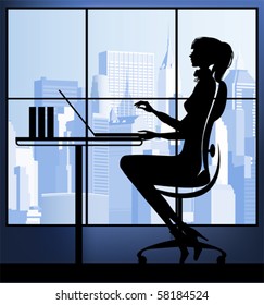 Businesswoman with colleagues in the urban background. All elements and textures are individual objects. Vector illustration scale to any size.