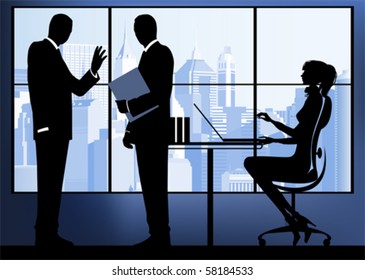 Businesswoman with colleagues in the urban background. All elements and textures are individual objects. Vector illustration scale to any size.