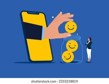 Businesswoman collect funny and positive emoticons into Glass Jar. Work motivation. Employee happiness, job satisfaction, company benefit, positive attitude. 