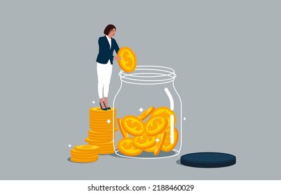 Businesswoman Collect Golden Coins into Huge Glass Jar. Woman Make Savings, Collecting Money in Account, Open Bank Deposit. Family Finance Budget Economy Concept.