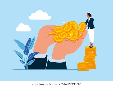 Mujer de negocios Coleccionar monedas de oro en manos enormes. La mujer ahorra, recauda dinero en la Cuenta, depósito bancario abierto. Ilustración vectorial plana.