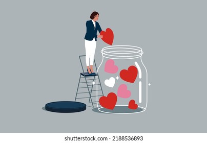 Businesswoman collect love heart symbol into Huge Glass Jar. Continuous vector single line art for Saint Valentine's day card, banner, poster flyer. Love you.