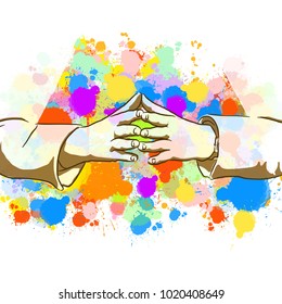 Businesswoman Colorful Hands Sign. Hand Drawn Vector Illustration, Splatter Color Isolated on White Background. Creative  Communication Concept.