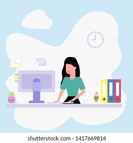 Businesswoman for the common desktop work computer. Vector illustration in a flat style