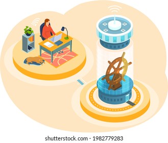 Businesswoman communicating with colleague in living room with dog, sitting at desk with computer. Business call, communication at distance with partners, modern digital technologies, conversation